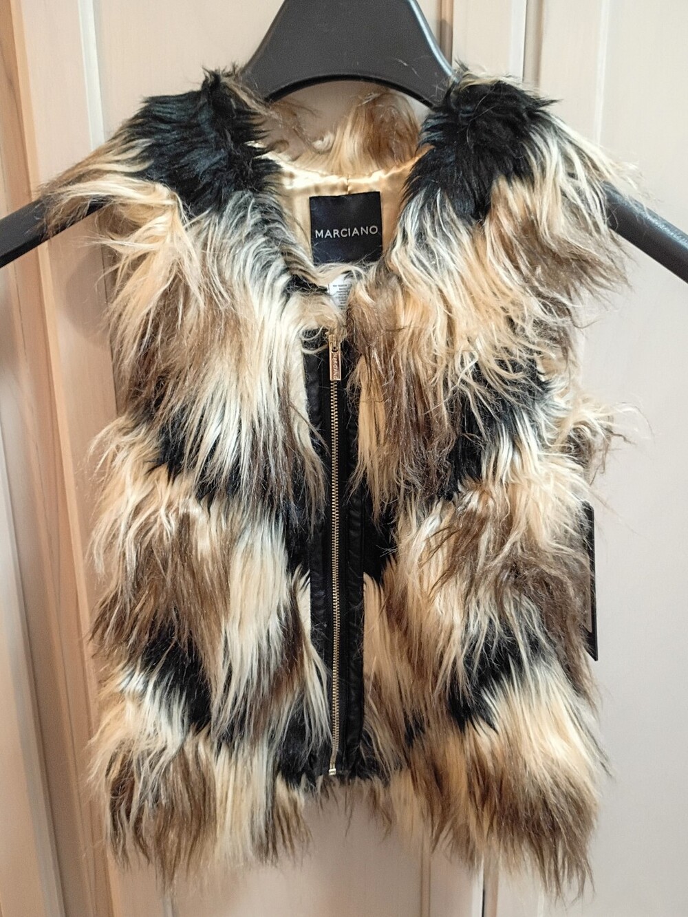 NWT Marciano Kids S(7/8) Faux Fur Shaggy Cropped Jacket in Brown, Tan, and Black